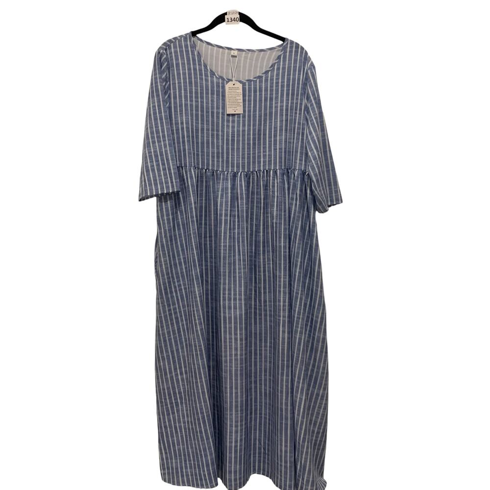 NWT Maxi Striped Cottage Core Beach Loose Fit Dress, Cinched Waist, Scoop Neck